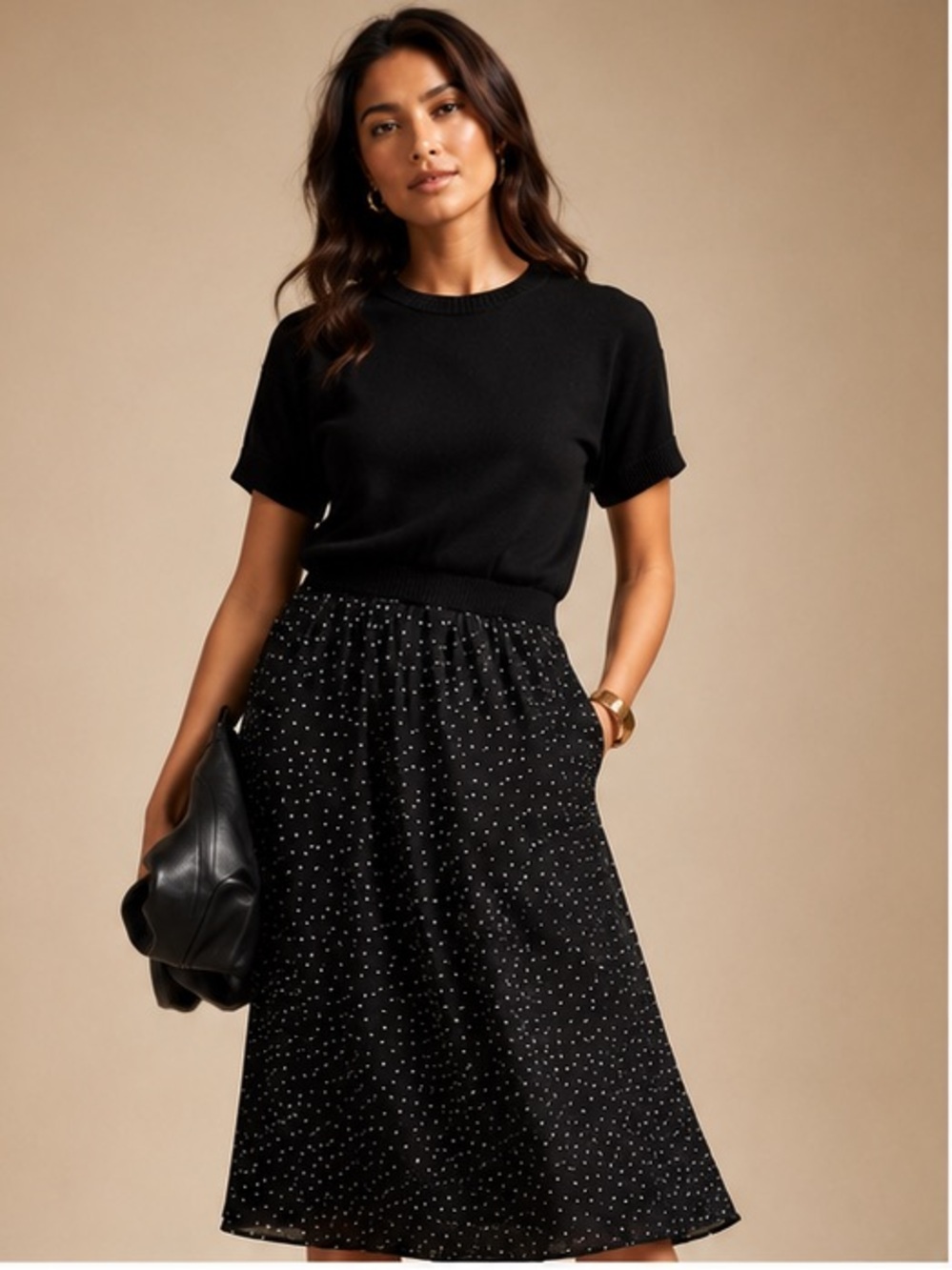Evereve Mixed Media Sweater Dress NWT Black Polka Dot Midi Size Large